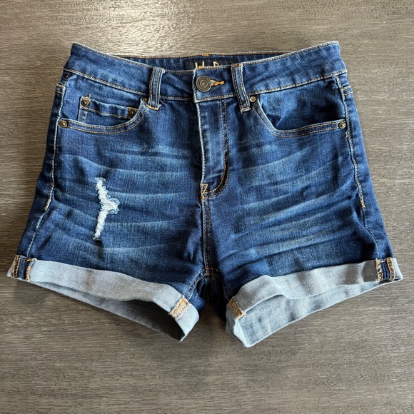 Dark Blue Distressed Denim Cuffed Shorts Indigo Rein 5 - Picture 1 of 8